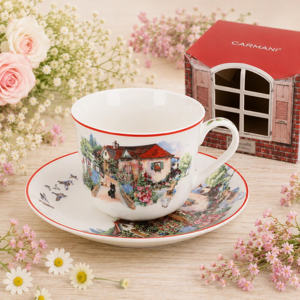 ☕🌸 Šálek s podšálkem 400 ml – Anglický venkov „Červený dům“ | CARMANI® 🌸☕