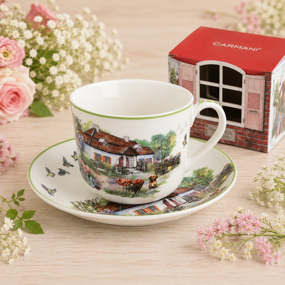 ☕🏡 Šálek s podšálkem 400 ml – Anglický venkov „Venkovský dům“