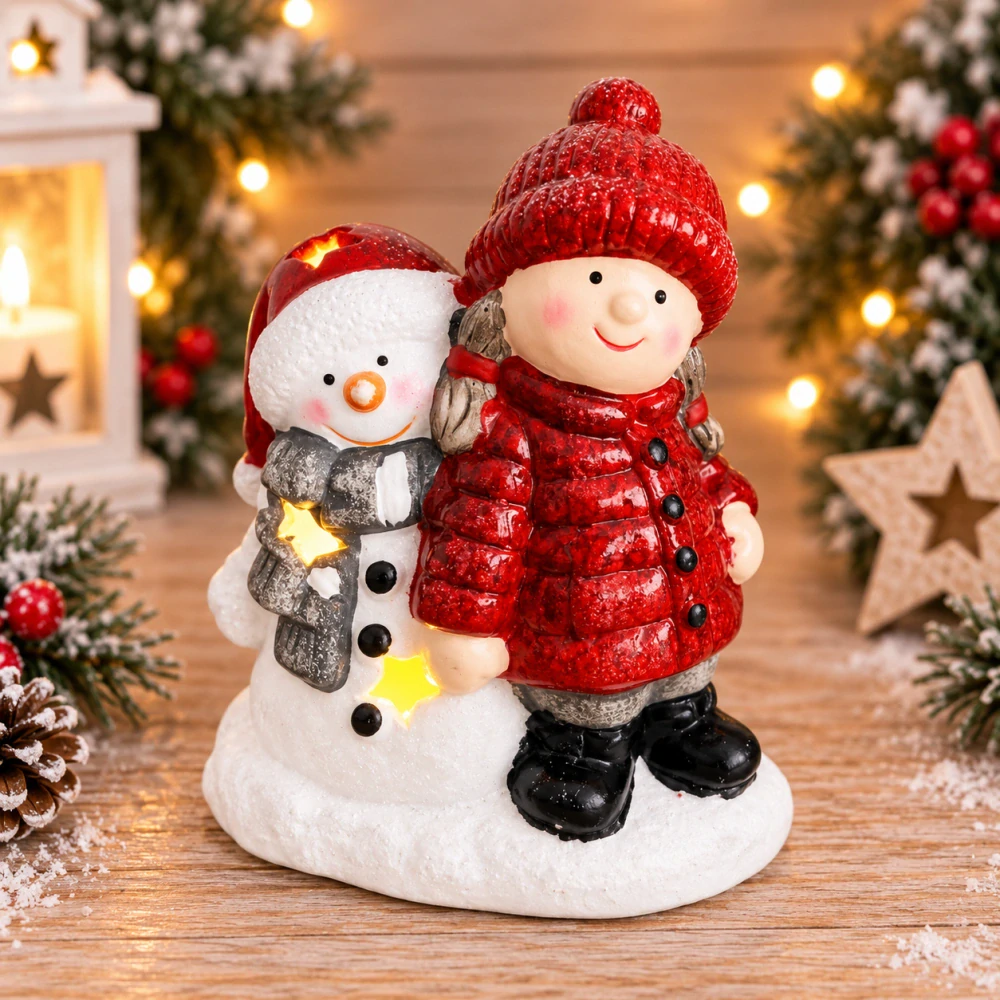 ❄️ Zimní dekorace – dívka se sněhulákem a LED osvětlením