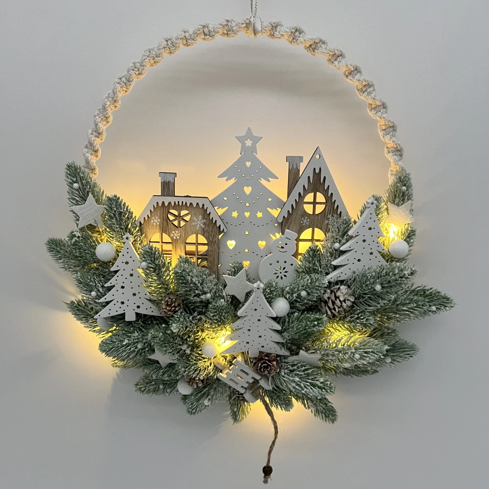 🎄 Zimní LED věneček „Vánoční vesnička pod stromkem“