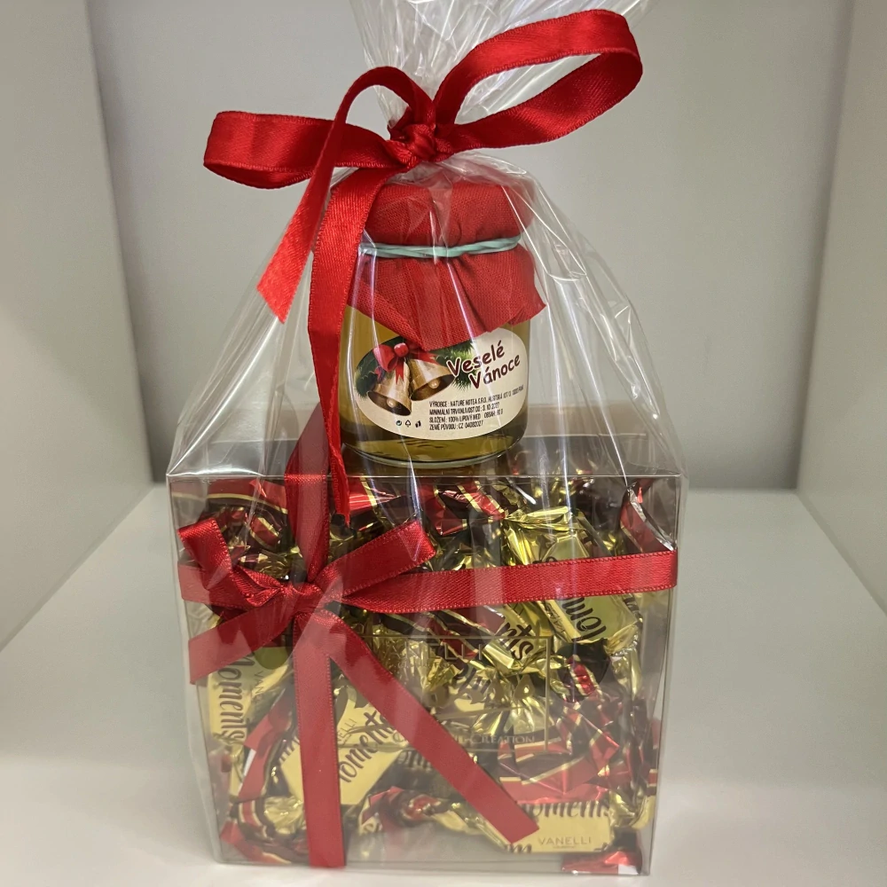 🎁 Vánoční dárkový balíček – med „Veselé Vánoce“ + pralinky Moments