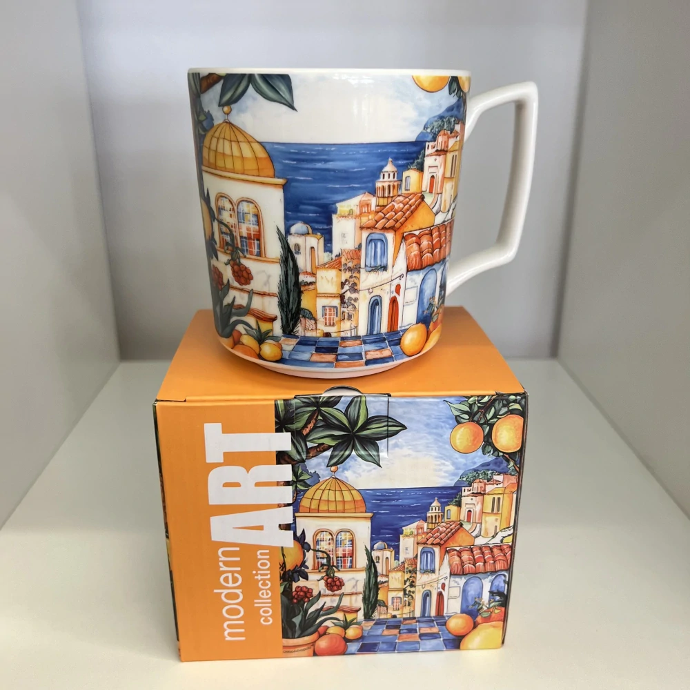 Porcelánový dárkový hrnek – motiv středomořského města 🏡🍊