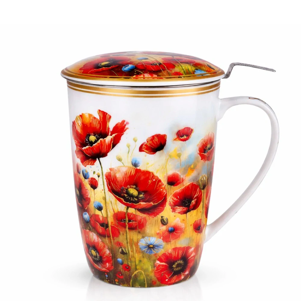 🌺 Velký hrnek 600 ml se sítkem a víčkem – Wild Poppy Elegance 🌺