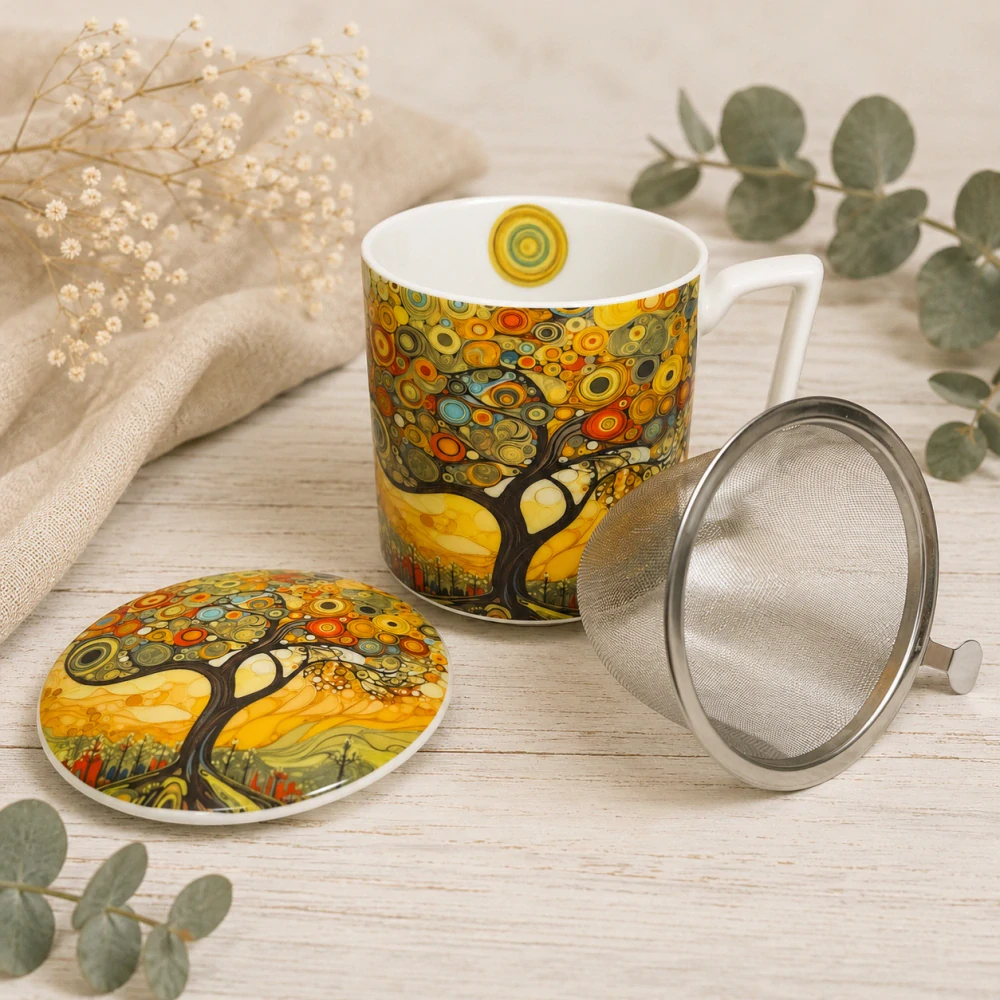 🍵🌳 Porcelánový hrnek se sítkem a víčkem – Strom života 🌳🍵