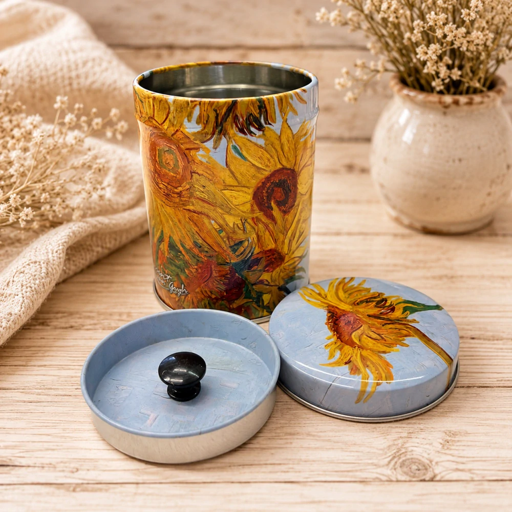 🌻☕ Plechová dóza na kávu, čaj nebo cukr – motiv Vincent van Gogh – Slunečnice 🎨💛