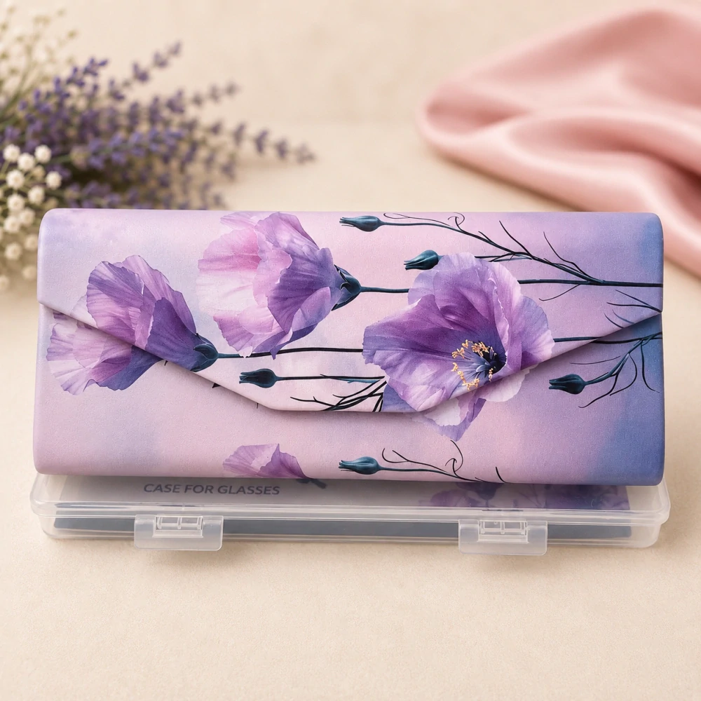 🌸🕶️ Skládací pouzdro na brýle Carmani® – Motiv fialových květů 🕶️🌸