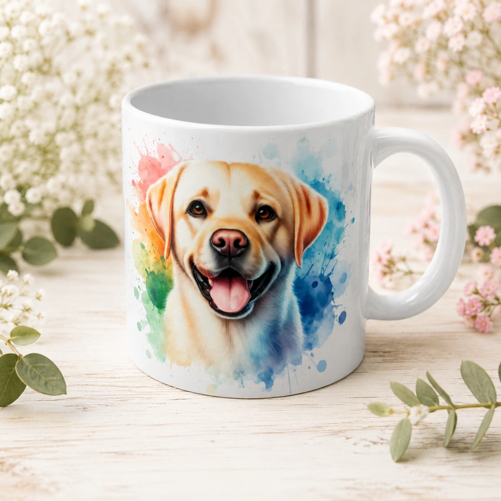 🐶☕ Porcelánový hrnek s motivem veselého labradora – cca 300 ml 🌈💛