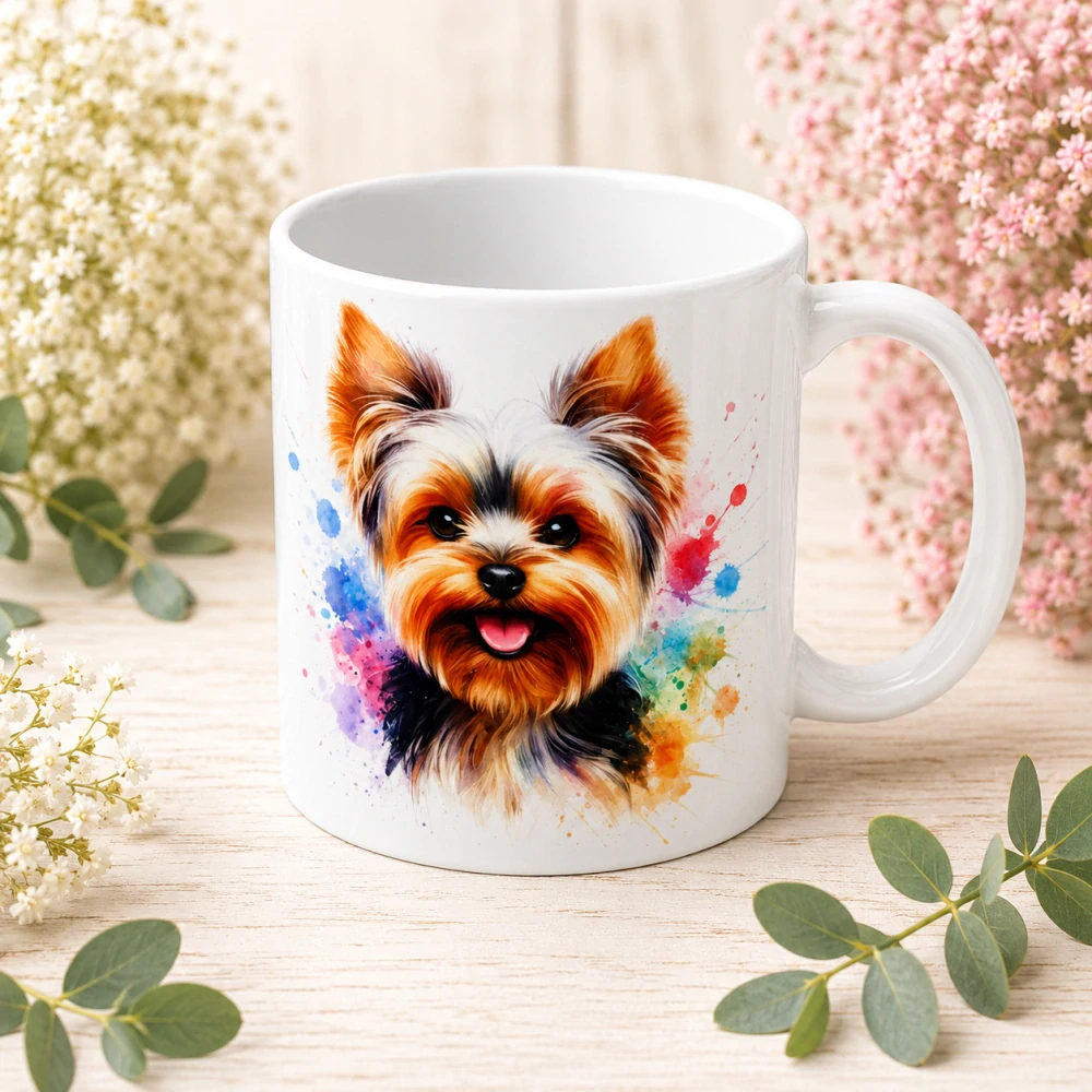 🐶☕ Porcelánový hrnek s motivem jorkšírského teriéra – cca 300 ml 💙🌈