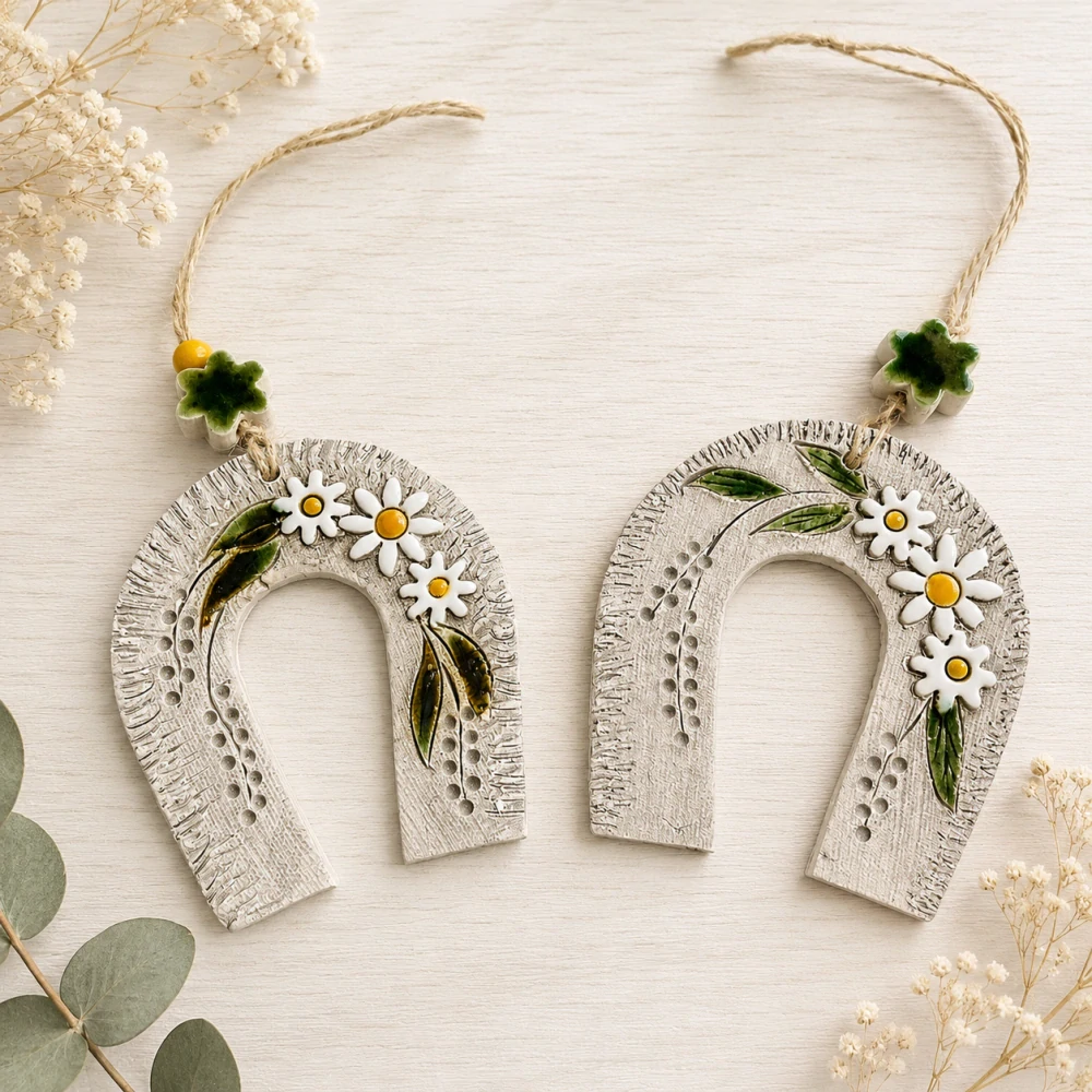 🍀🌼 Keramická podkova pro štěstí s květinami 🌼🍀