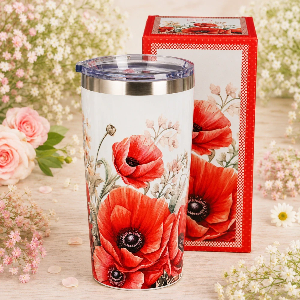 ☕🌺 Cestovní termohrnek 600 ml – Vlčí máky 🌺☕