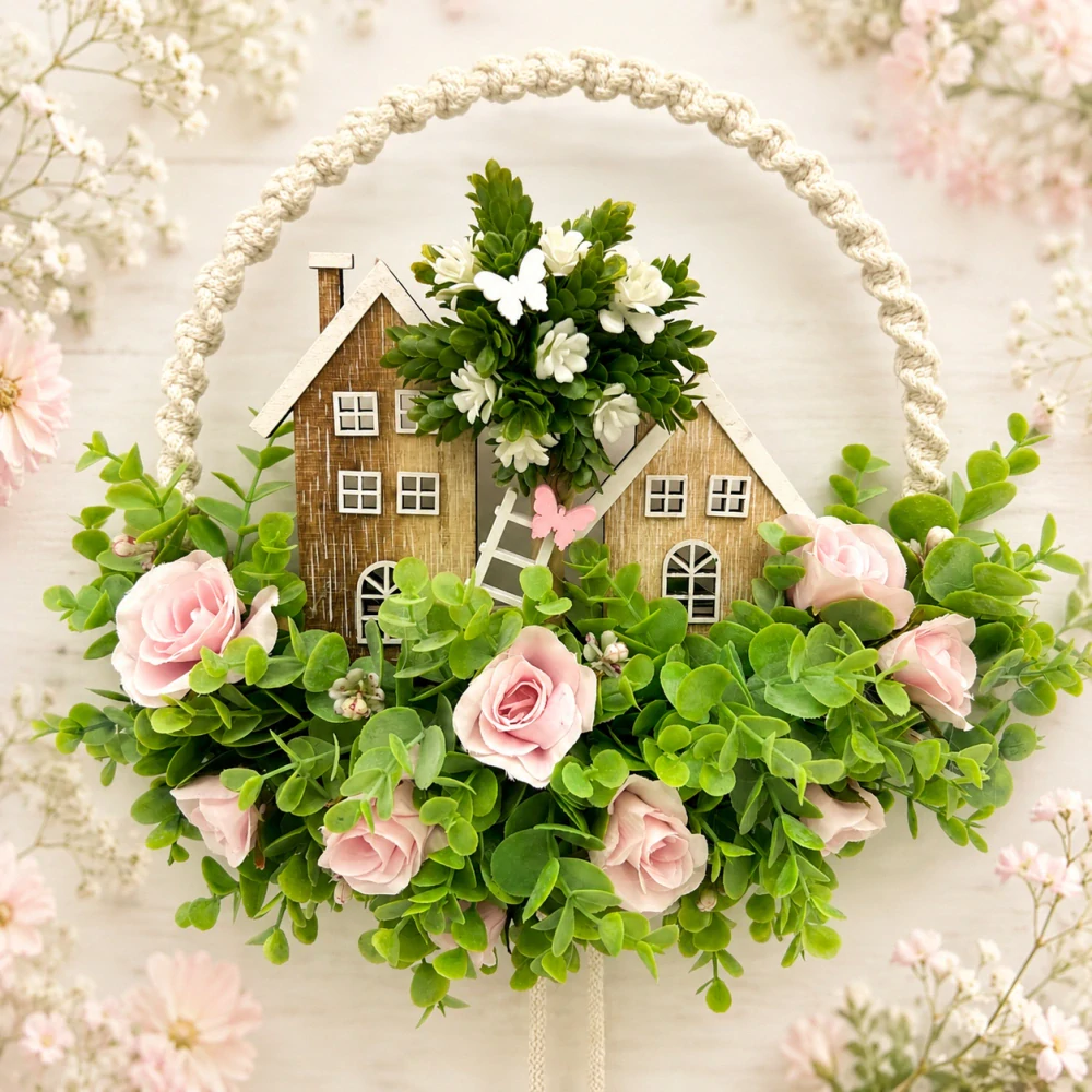 🏡🌸 Jemná závěsná dekorace s domečky a růžemi 🌸🏡