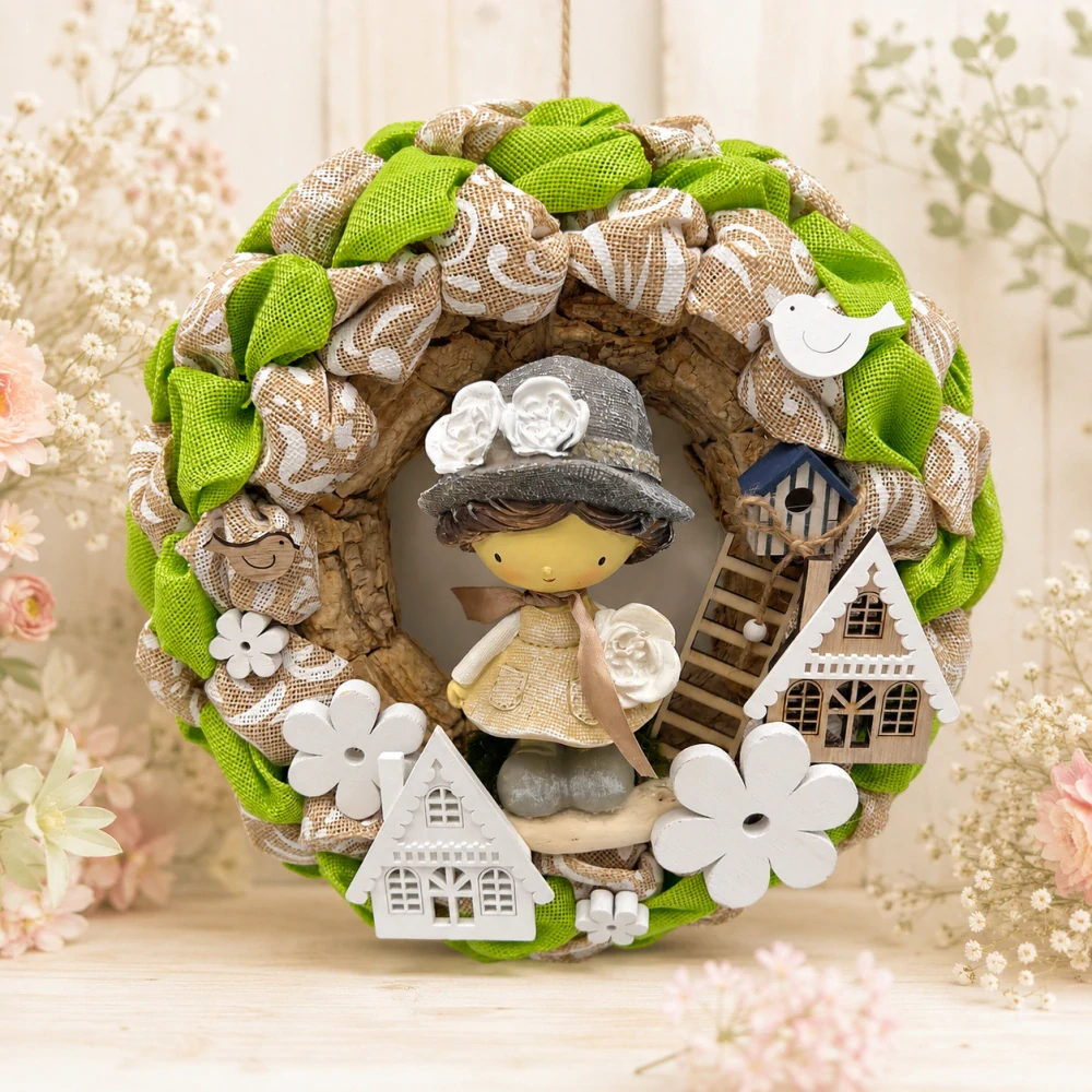 🌿🏡 Rustikální věnec s holčičkou a domečky 🌸🐦
