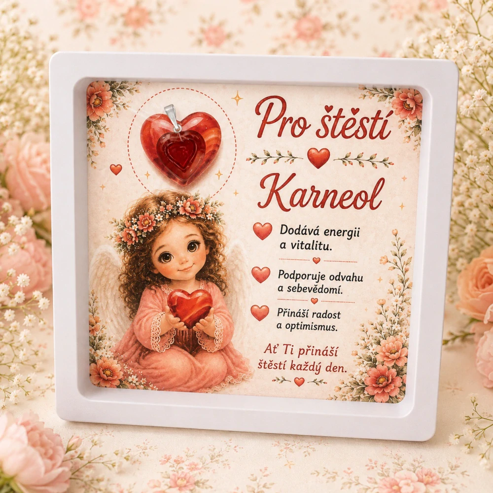 Dárkový rámeček Pro štěstí s minerálním srdíčkem – Karneol – mix dárkových kartiček ❤️
