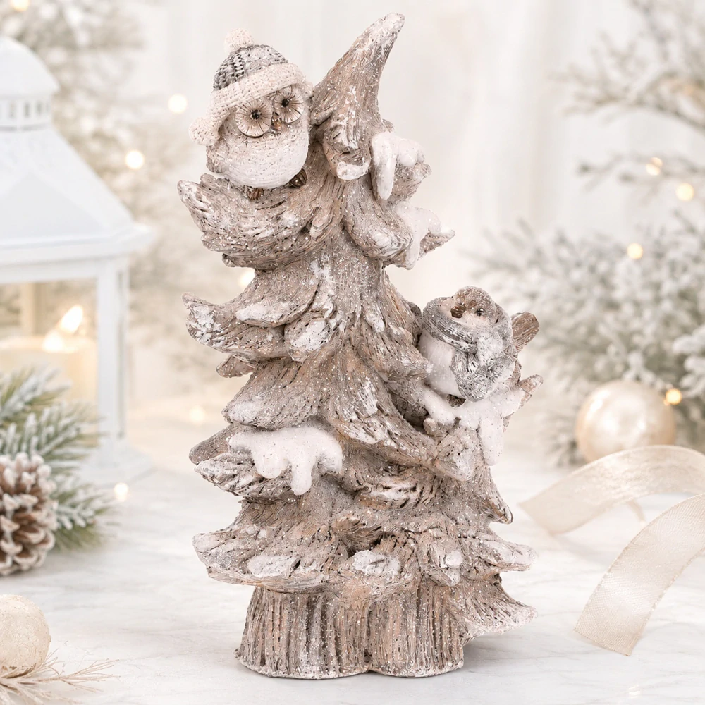 🦉 Zimní dekorace – sova a ptáček na zasněženém stromě ❄️🌲