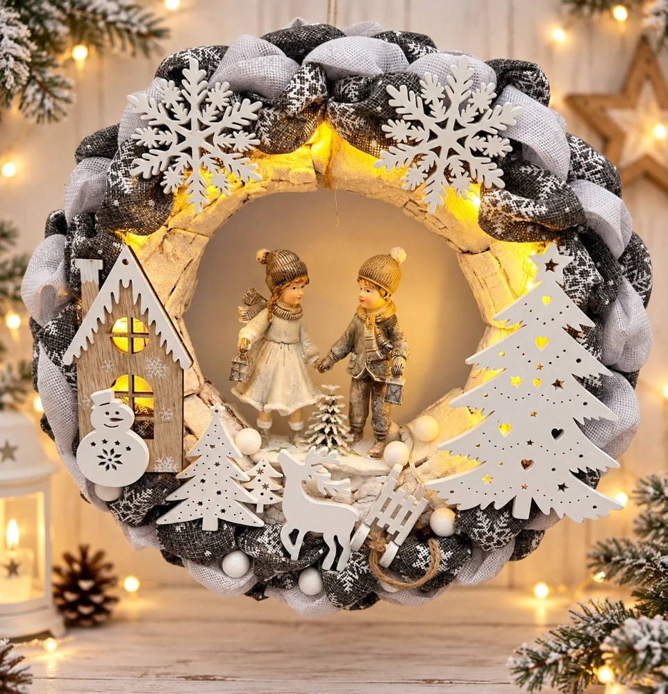 🎄 Vánoční svítící věnec – zimní městečko
