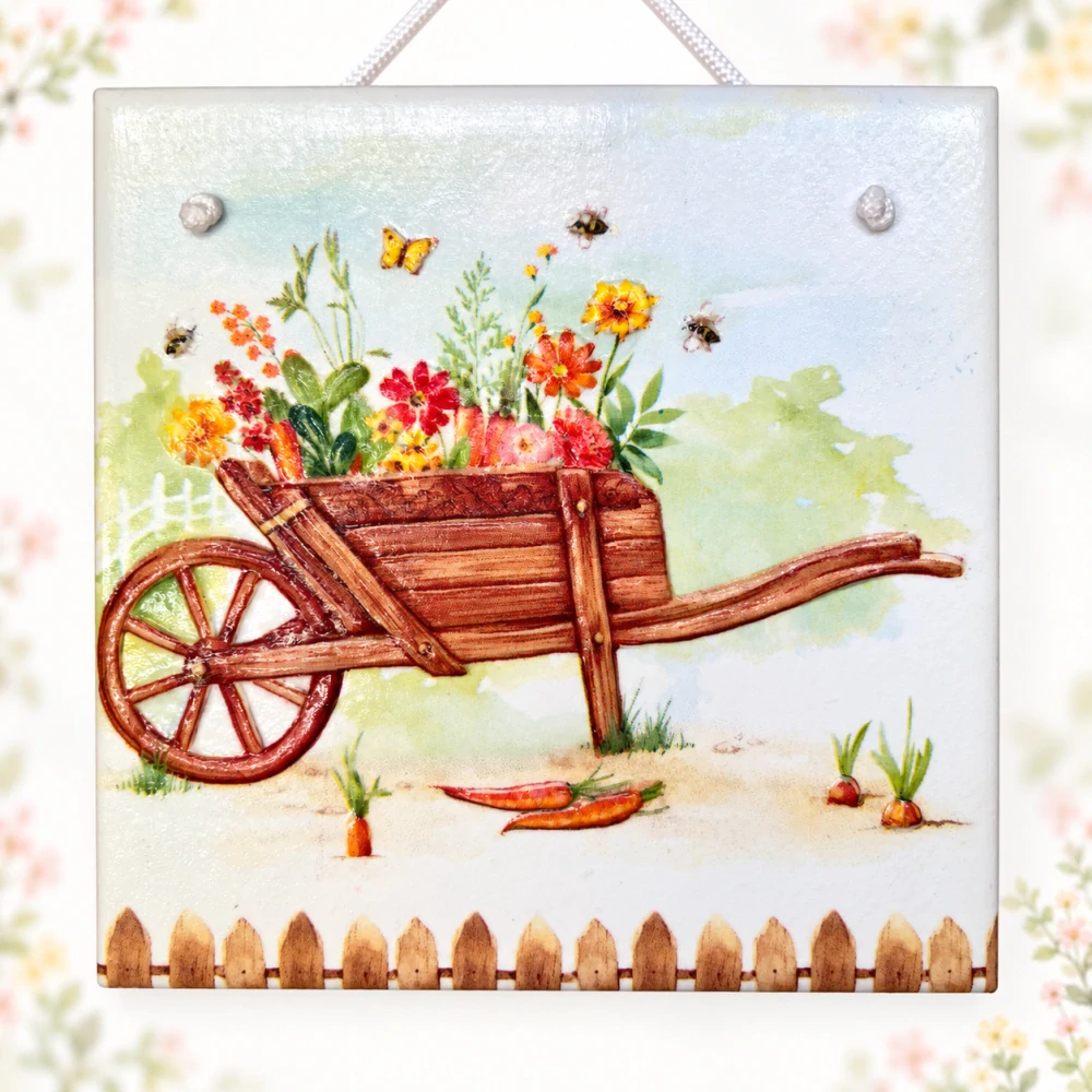 🌼🐝 Keramická dlaždice – Trakař plný květin 🦋🌿