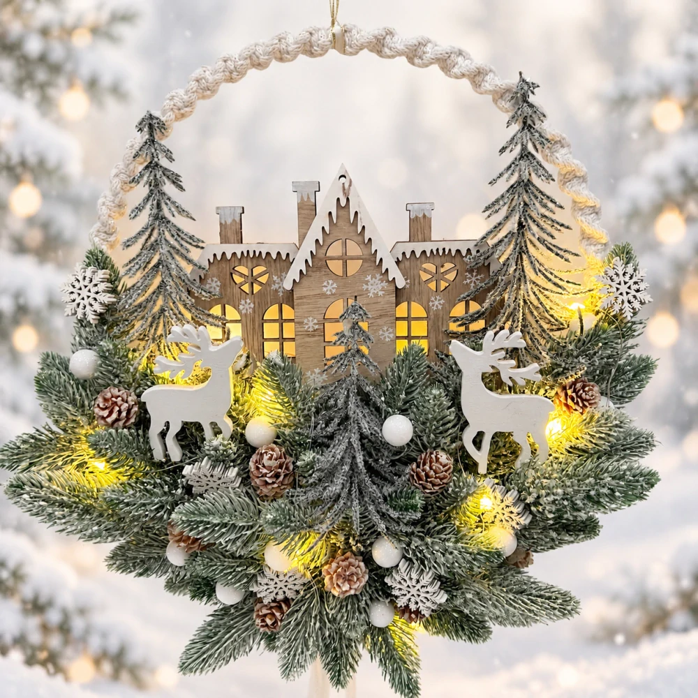 🏡🦌 Závěsná zimní dekorace s jeleny a LED osvětlením