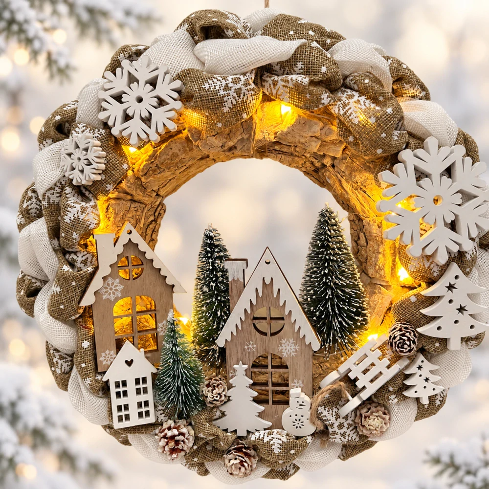 🏡❄️ Zimní věnec s domečky a LED osvětlením