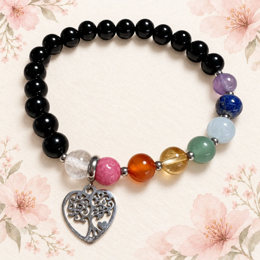 🌈🖤 Čakrový minerální náramek s onyxem – 21 cm