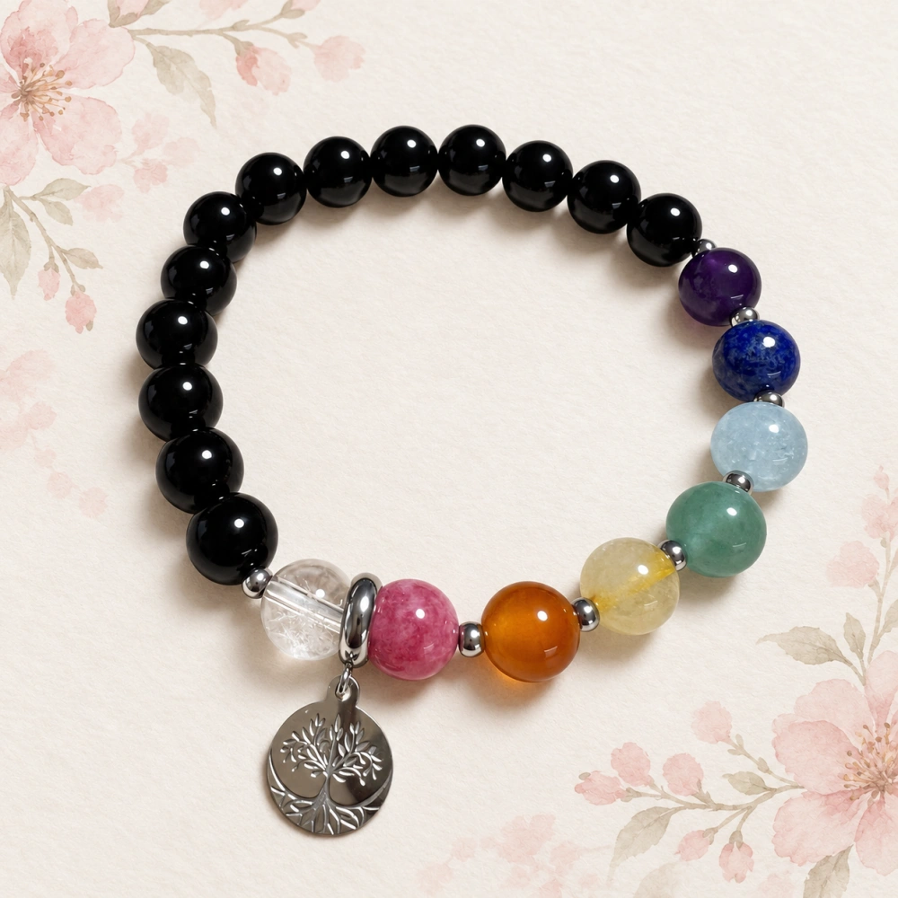 🌈🖤 Čakrový minerální náramek s onyxem – 18,5 cm