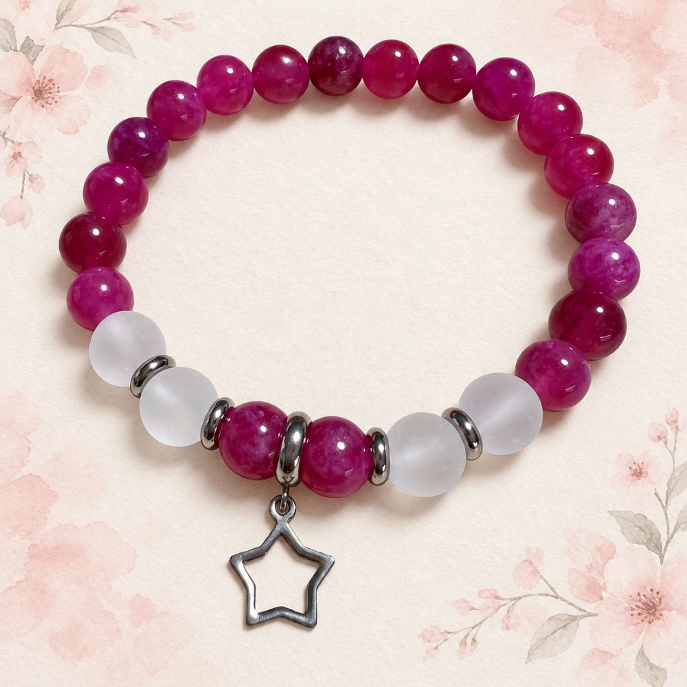 🩷⭐ Minerální náramek z chalcedonu a matného křišťálu – 18,5 cm