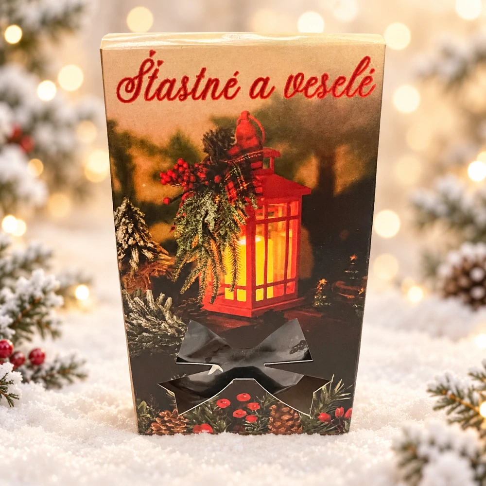 🎄🍫 Čokoládové mandle – Šťastné a veselé s červenou lucernou, 50 g