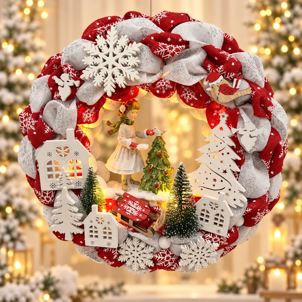 🎄❤️ Vánoční svítící věnec – zimní holčička