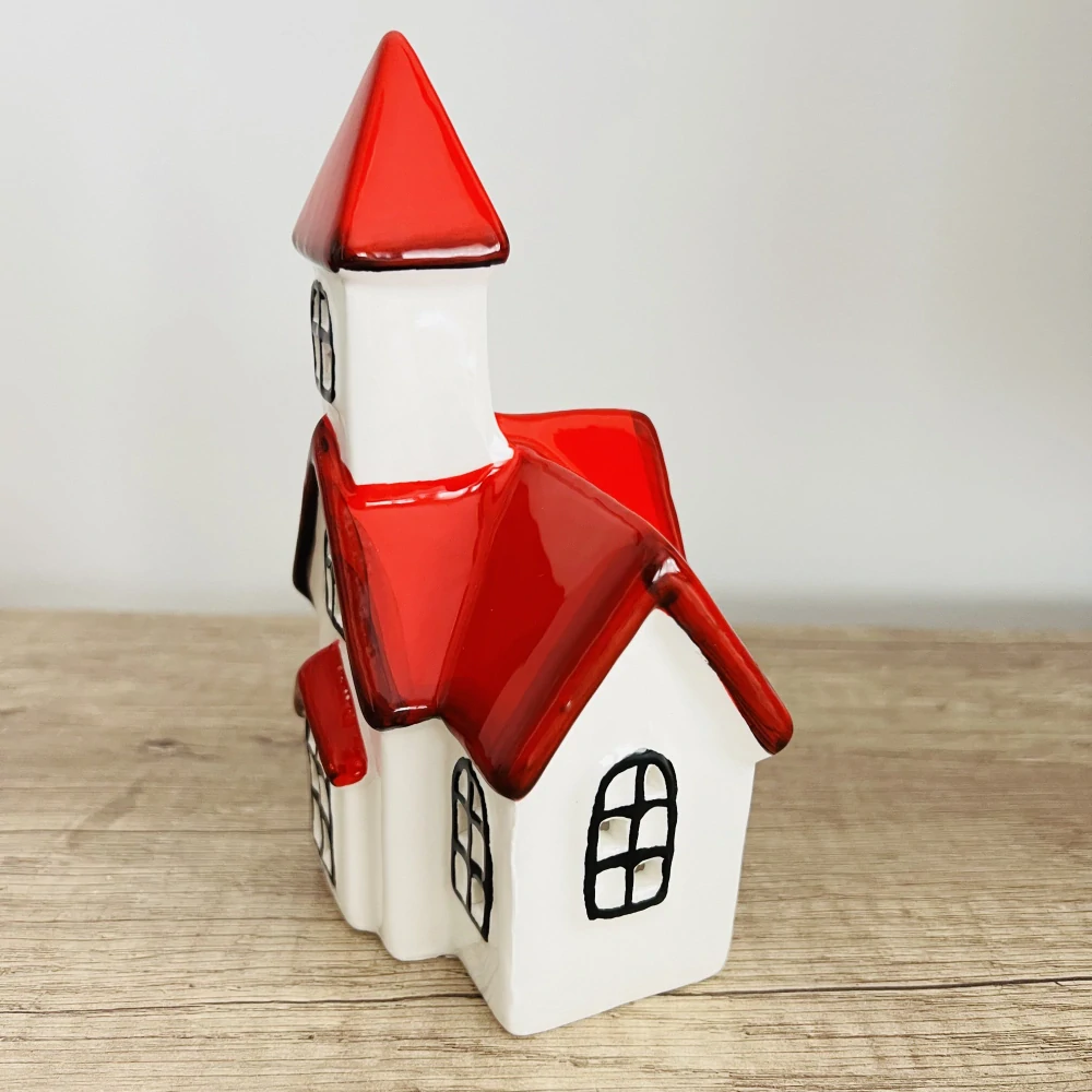DEKORACE KERAMICKÝ DOMEK S VĚŽIČKOU NA ČAJOVOU SVÍČKU