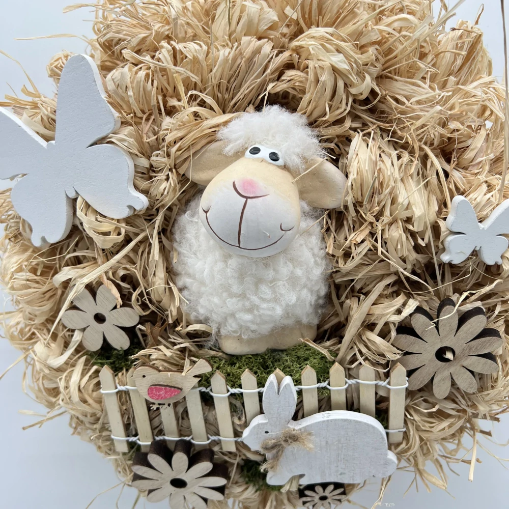 NOVÁ CENA - JARNÍ DEKORACE VĚNEC NA DVEŘE S FIGURKOU OVEČKY