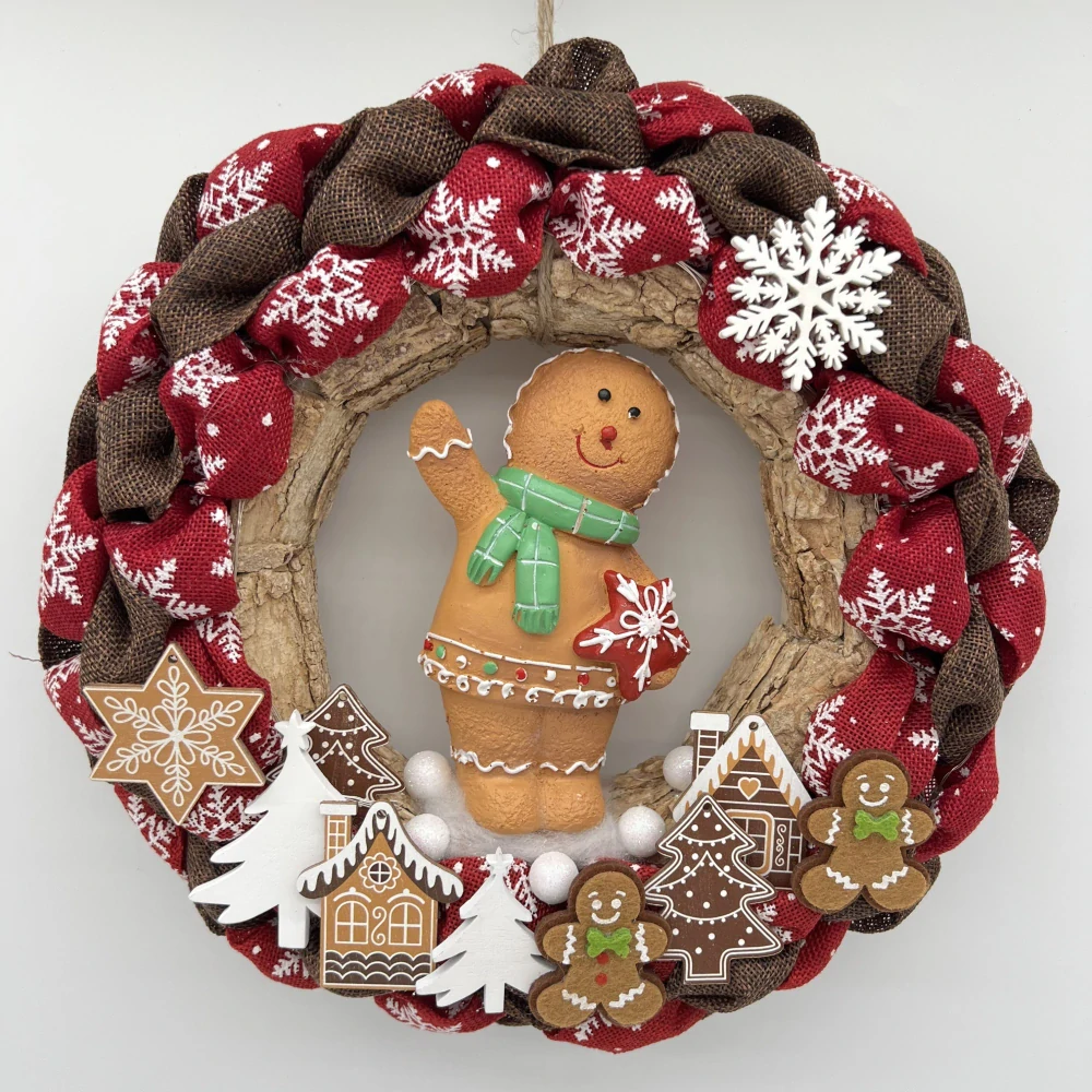 ZIMNÍ DEKORACE VĚNEČEK NA DVEŘE S FIGURKOU A OSVĚTLENÍM