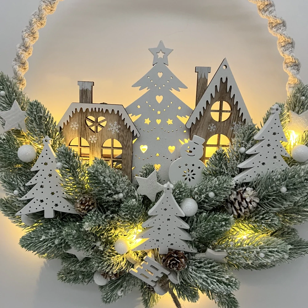 🎄 Zimní LED věneček „Vánoční vesnička pod stromkem“