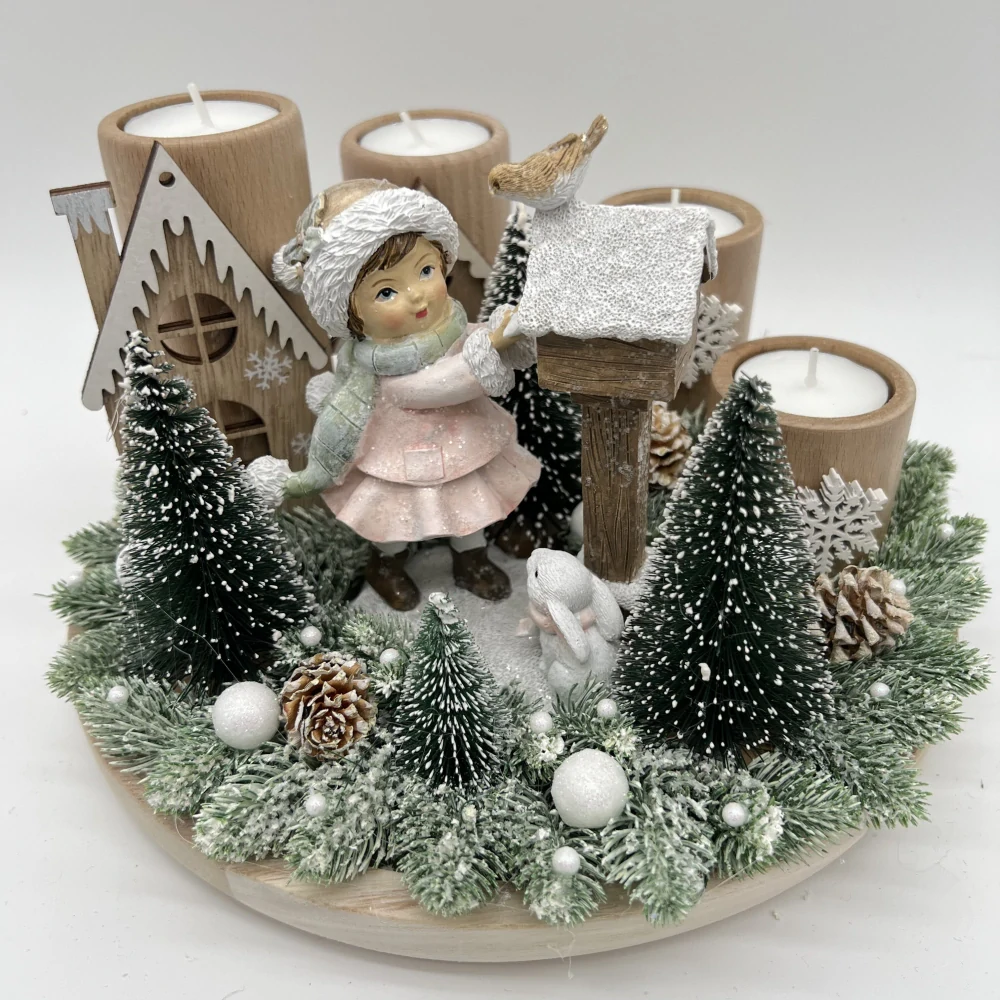 🎄 Adventní svícen s holčičkou a ptáčkem – zimní kouzlo domova 