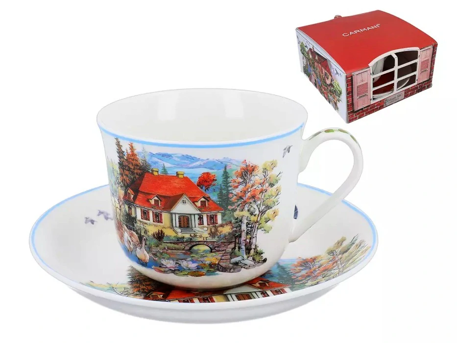 ☕🏡 Šálek s podšálkem 400 ml – Anglický venkov „Dům nad rybníkem“