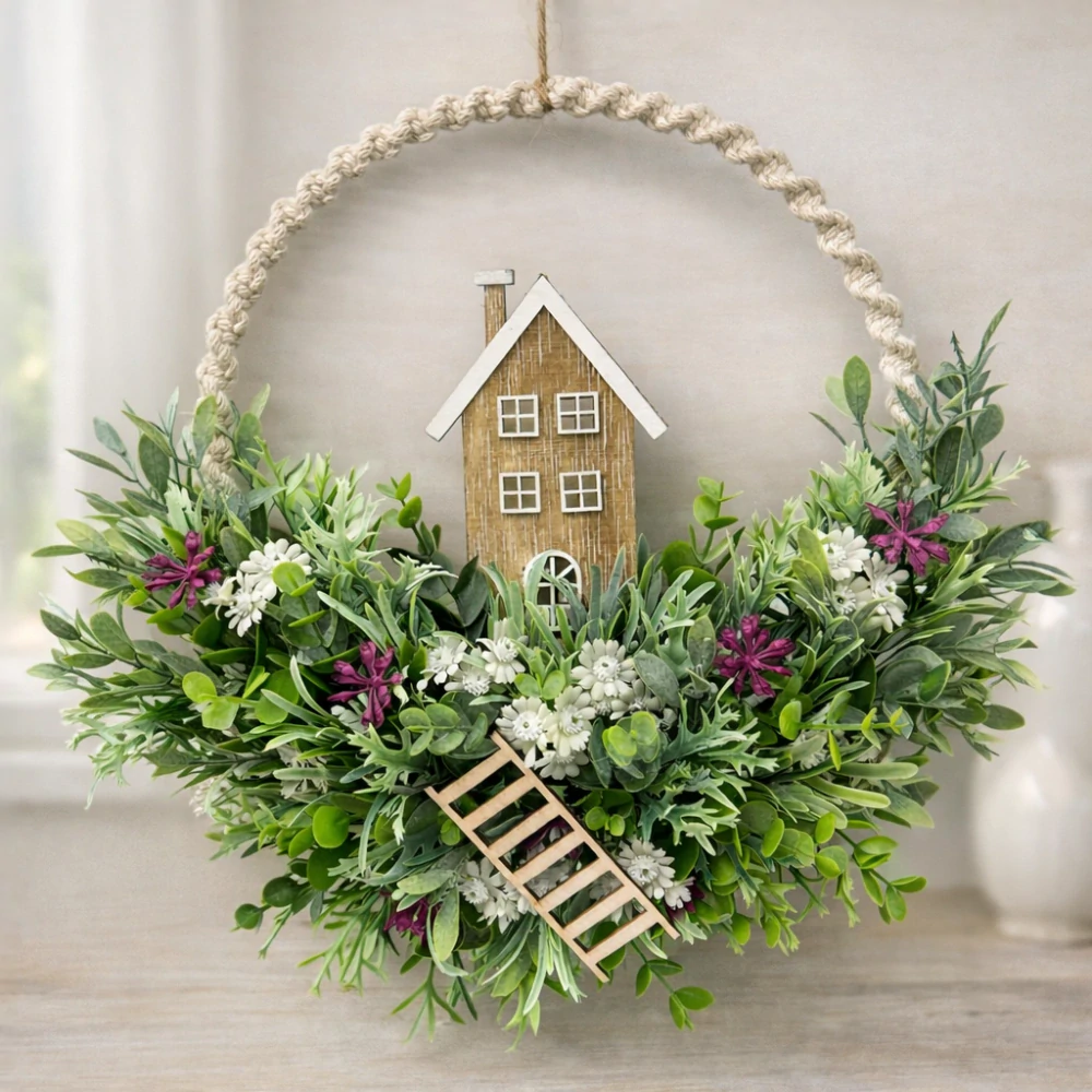 🌿🏡 Dekorační závěsný věnec s domečkem 🏡🌿