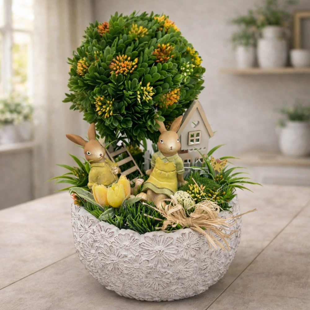 🐰🌿 Dekorační aranžmá se zajíčky a stromkem 🌿🐰