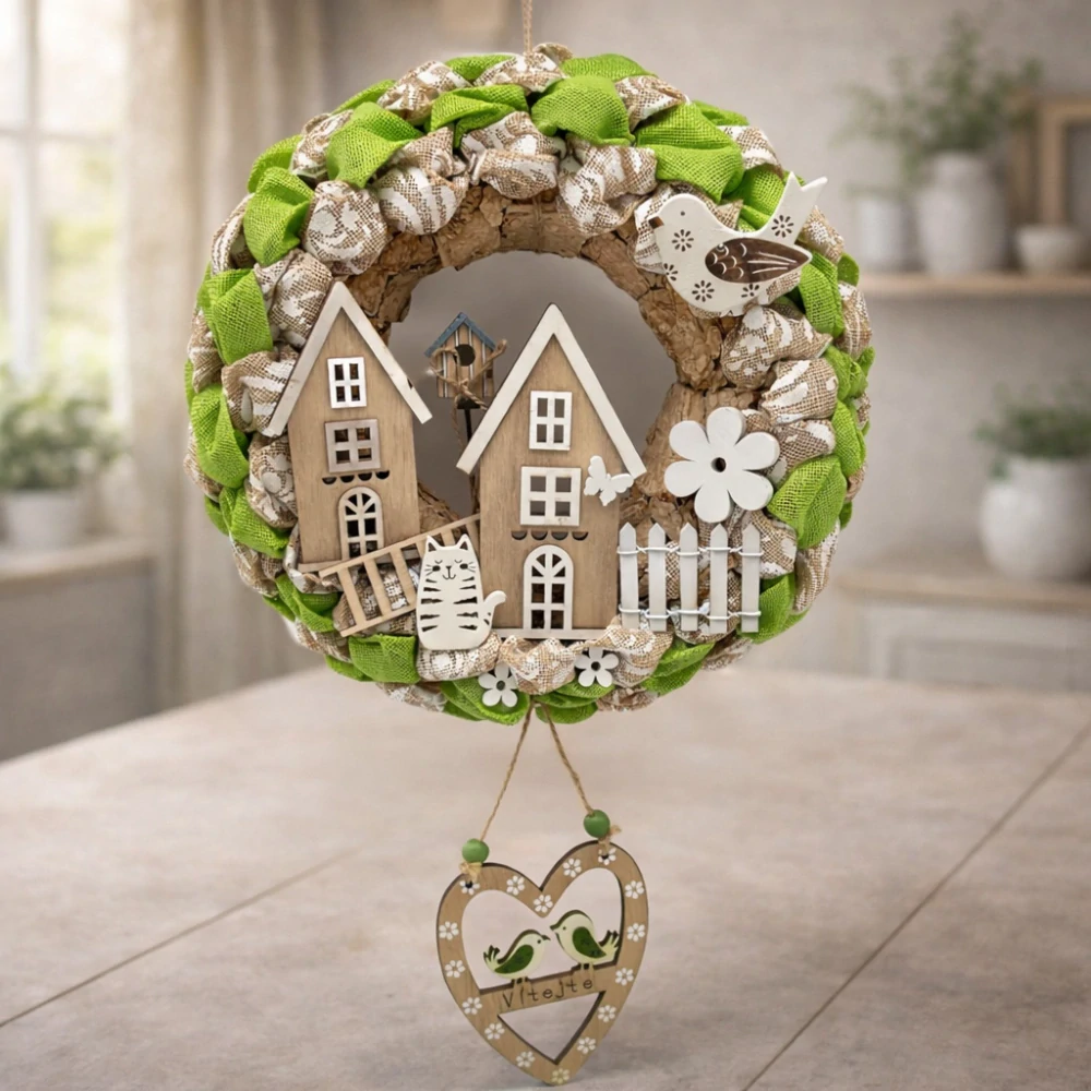 🌿🏡 Dekorační věnec s domečky – Vítejte 🏡🌿