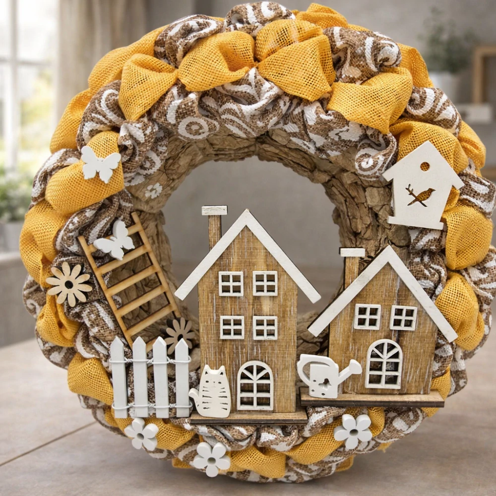 🏡🌼 Dekorační věnec s domečky – žlutý jarní styl 🌼🏡