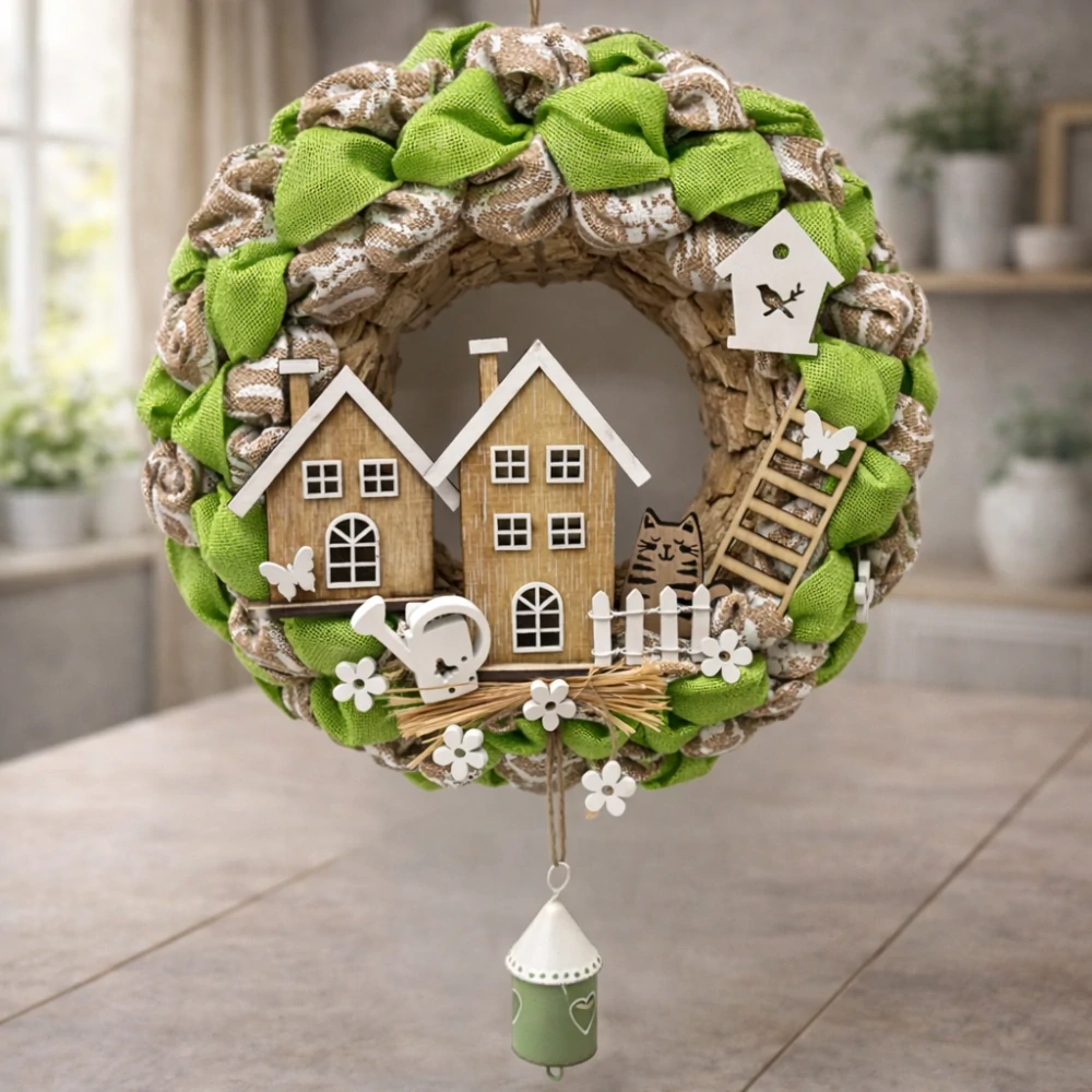 🌿🏡 Dekorační věnec s domečky – zelený rustikální styl 🏡🌿