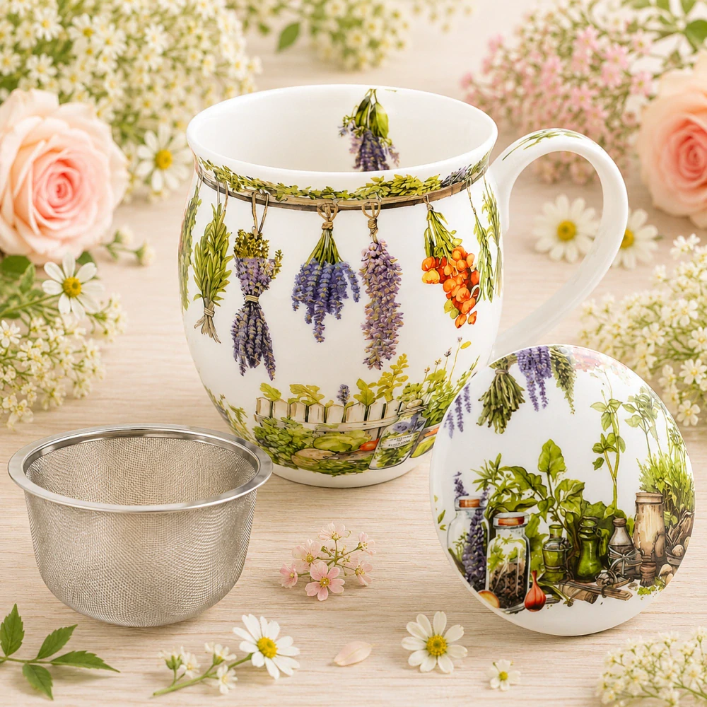🌿 Hrnek buclák 450 ml se sítkem a víčkem – Botanické bylinky 🌿