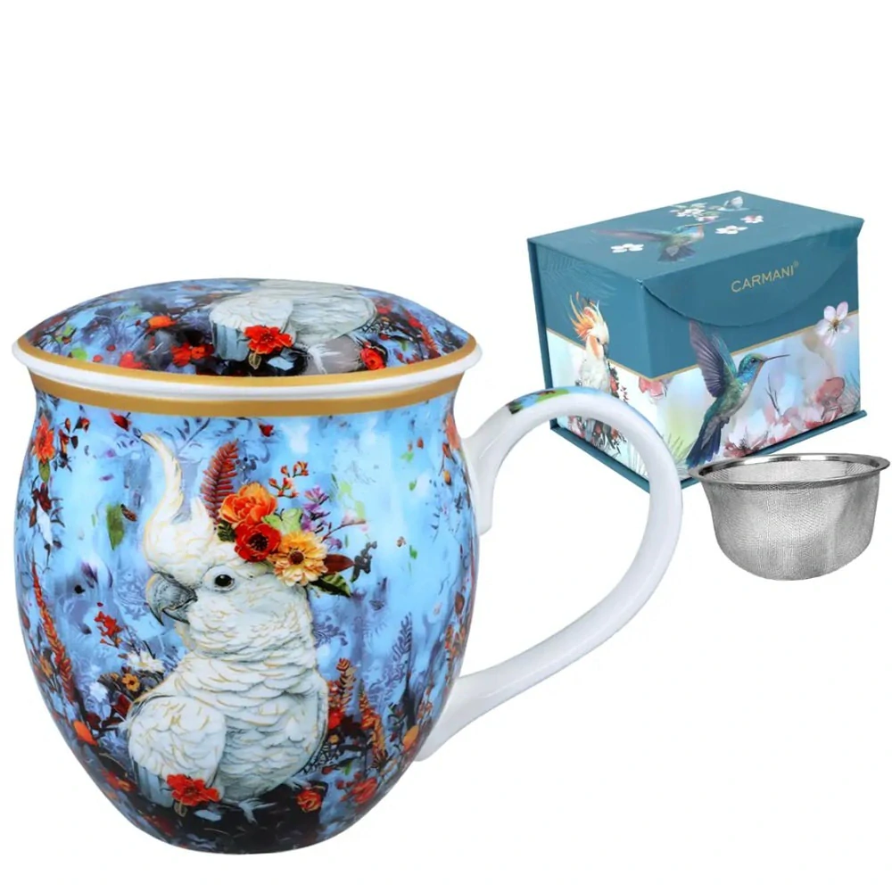 📝 Hrnek buclák 450 ml se sítkem a víčkem – Papoušek kakadu 🦜🌺