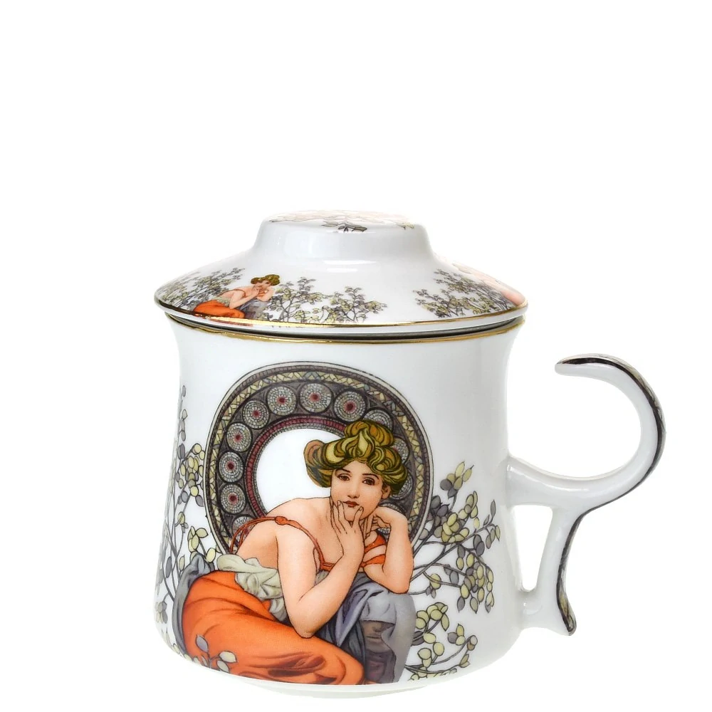 🎨 Hrnek se sítkem a víčkem 350 ml – Alfons Mucha „Topaz“ ✨
