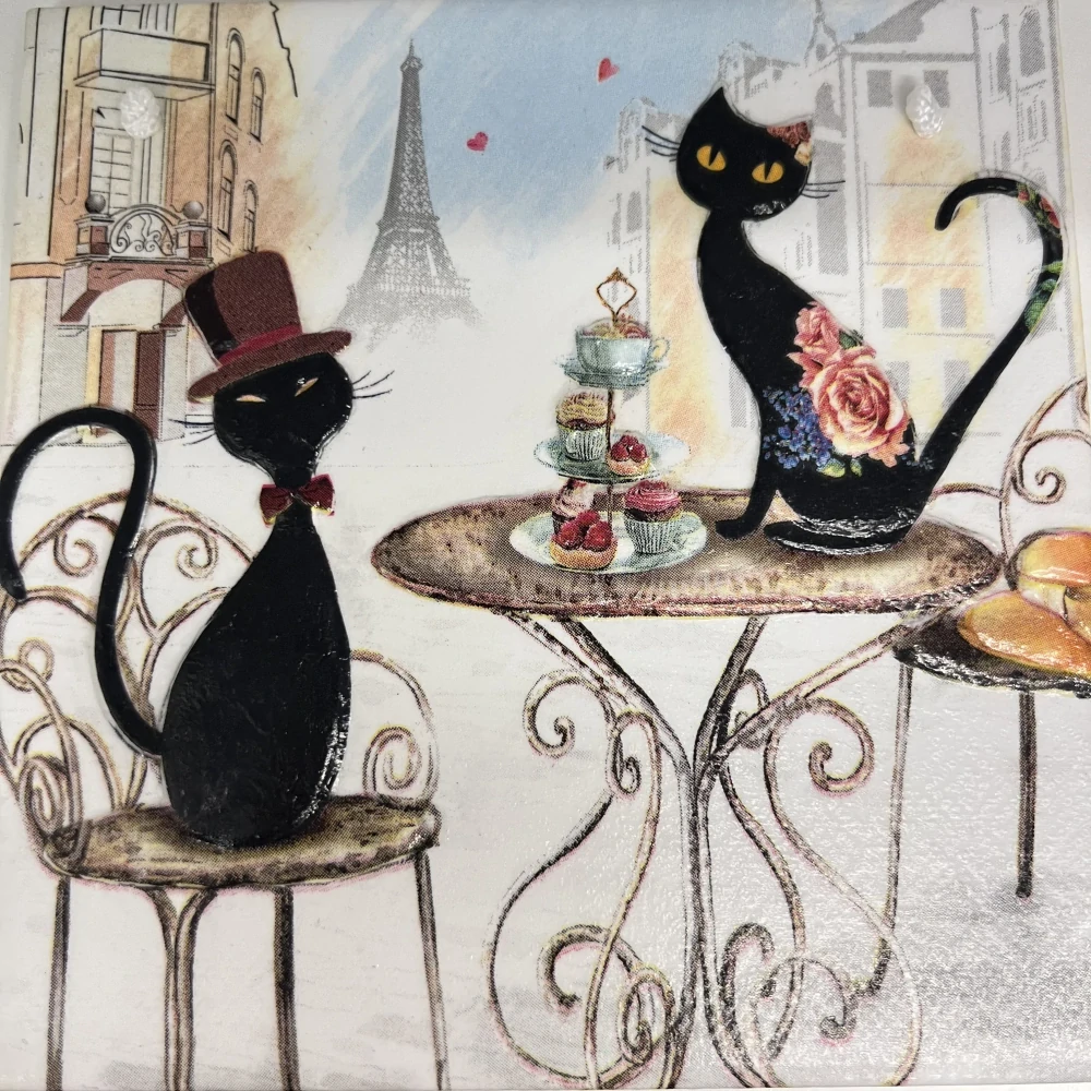🐾 Zdobená keramická dlaždice – Kočky v Paříži 🇫🇷