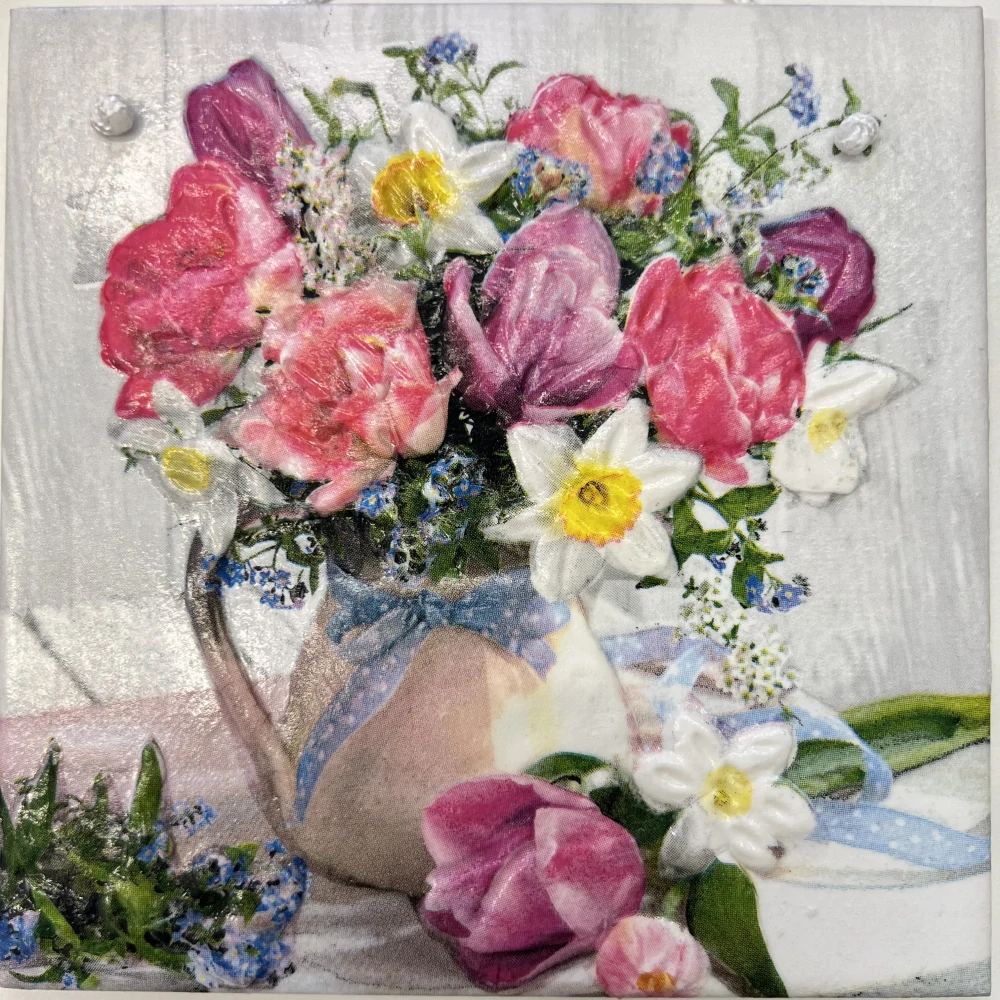 🌷 Zdobená keramická dlaždice – Jarní kytice 🌼