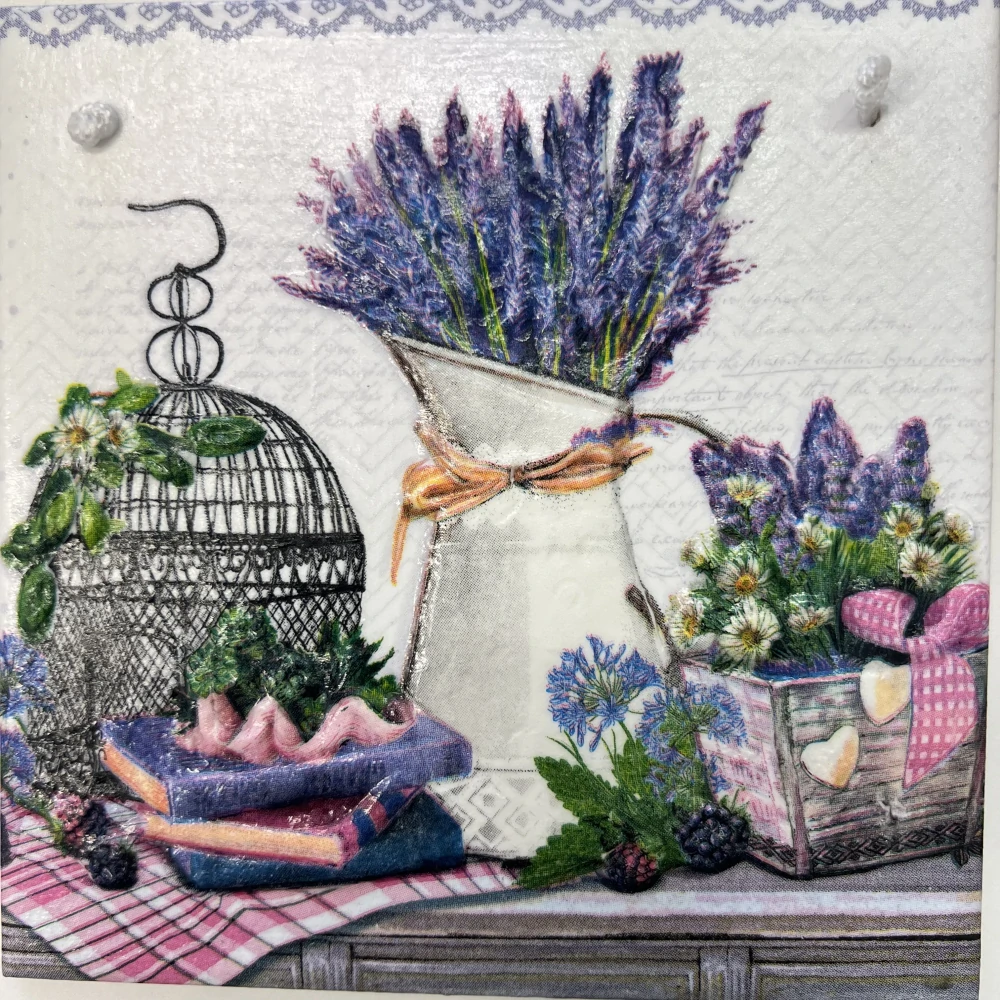 💜 Zdobená keramická dlaždice – Levandulové zátiší 🌼