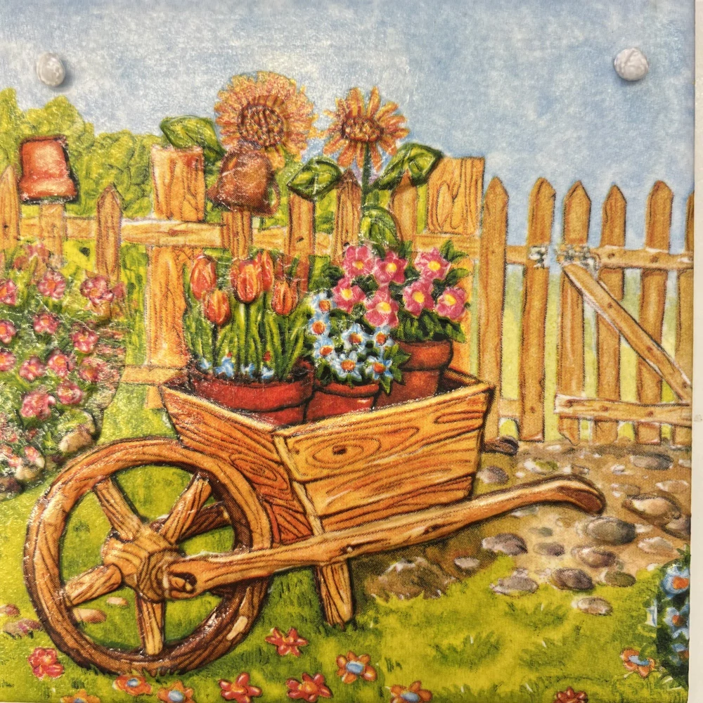 🌻 Zdobená keramická dlaždice – Zahrádka s trakařem 🌸✨