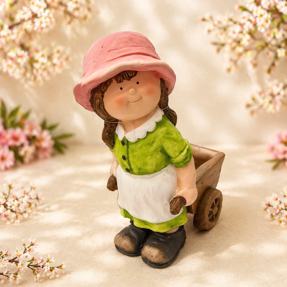 🌸 Dekorace figura dívky s vozíkem 🌿