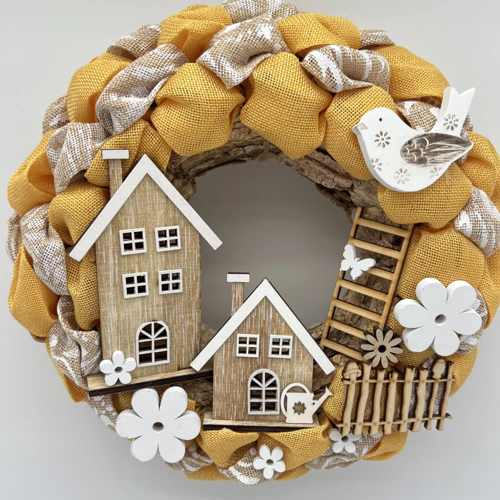 💛🏡 Jarní věneček se žlutými domečky a ptáčkem ✨🌼