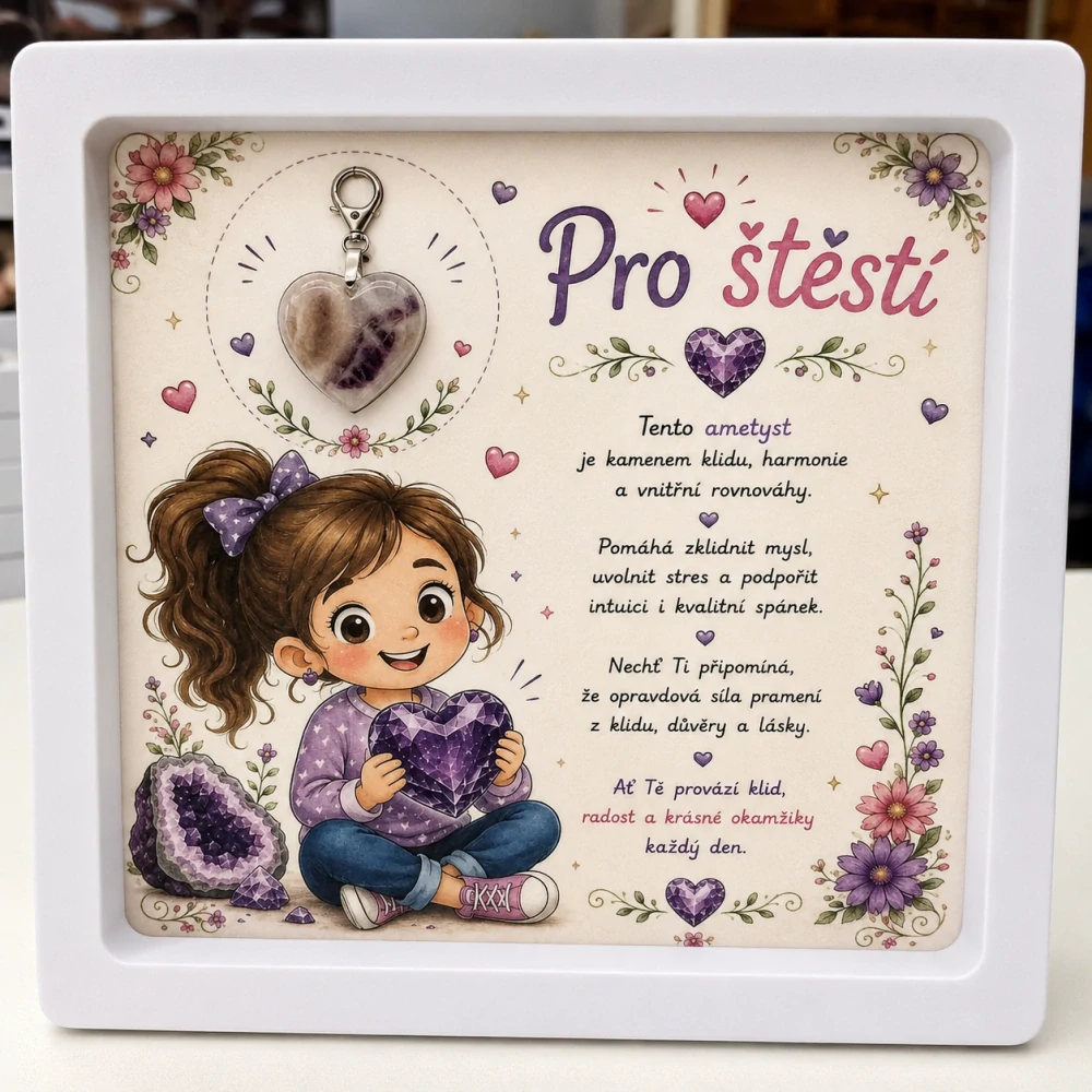 Dárkový rámeček Pro štěstí s minerálním srdíčkem - Ametyst - mix dárkových kartiček 