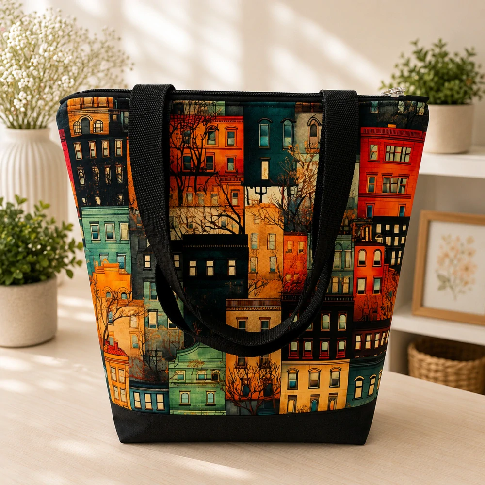 👜 Vyztužená taška na zip z kočárkoviny – městský motiv 🏙️