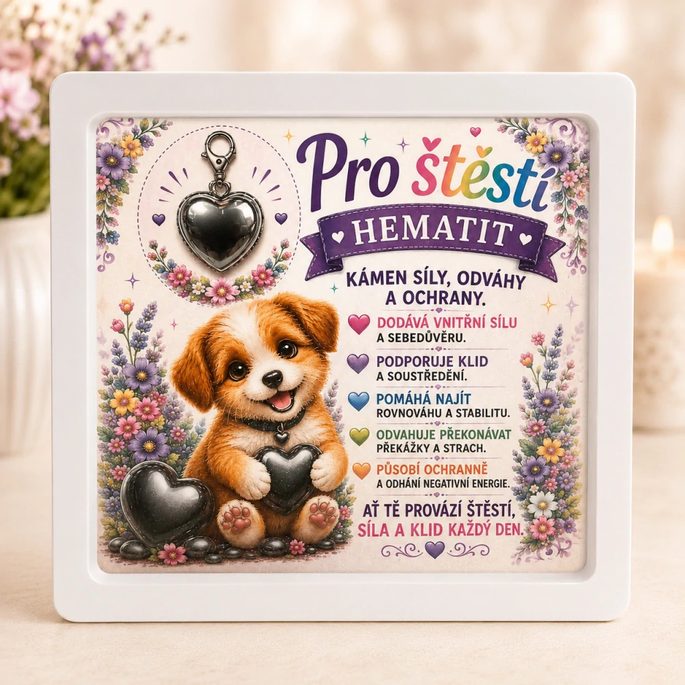 Dárkový rámeček Pro štěstí s minerálním srdíčkem – Hematit – mix dárkových kartiček